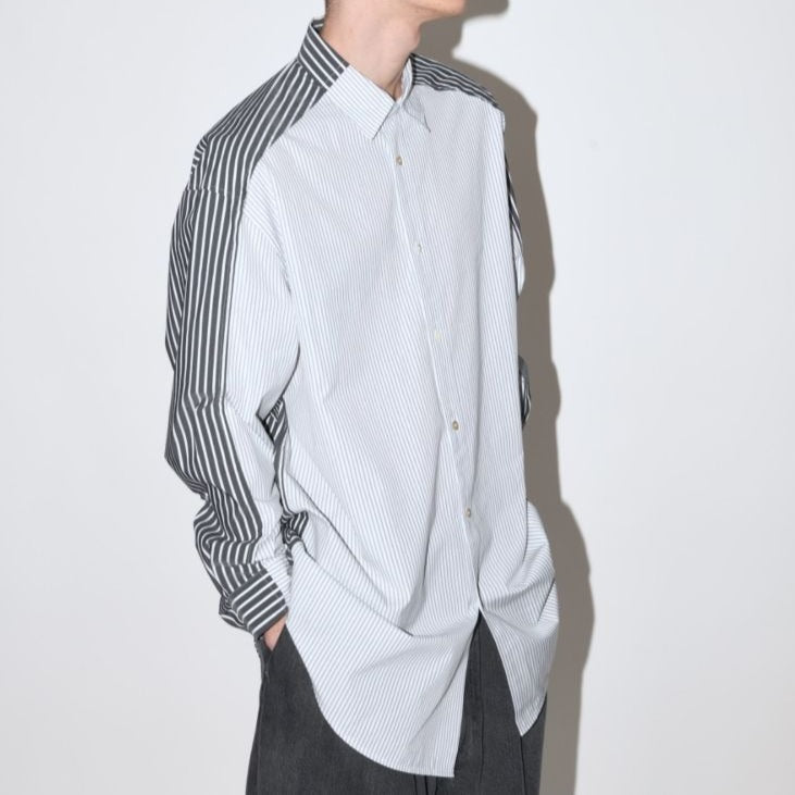 SUPERTHANKS 無地×ストライプ アウトサイド切り替えシャツ Outsider Shirt〔40%OFF〕