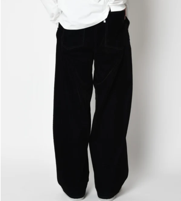Black flocky denim barrel leg trousers