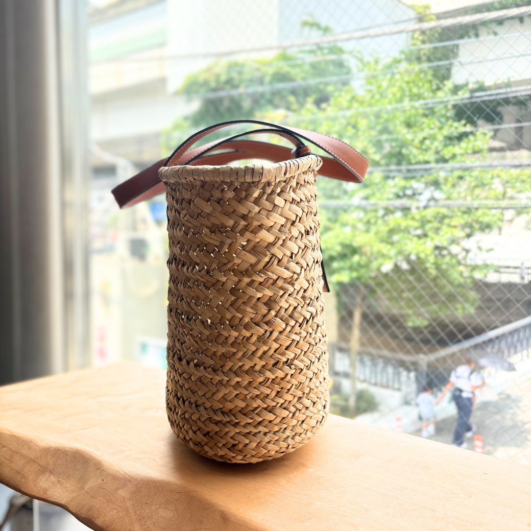 レザーハンドル ワイドバスケットバッグ