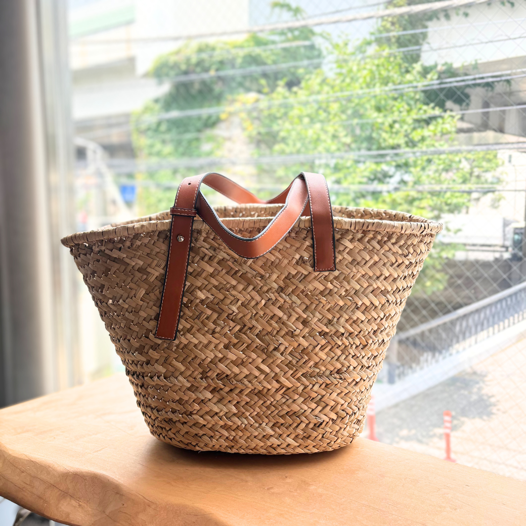 レザーハンドル ワイドバスケットバッグ
