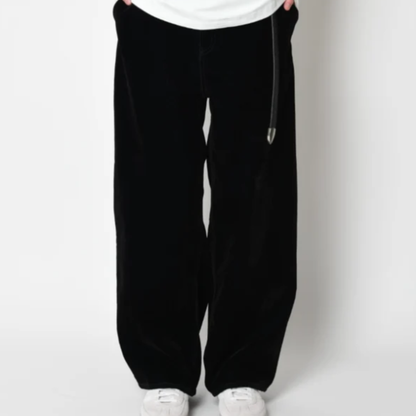 Black flocky denim barrel leg trousers