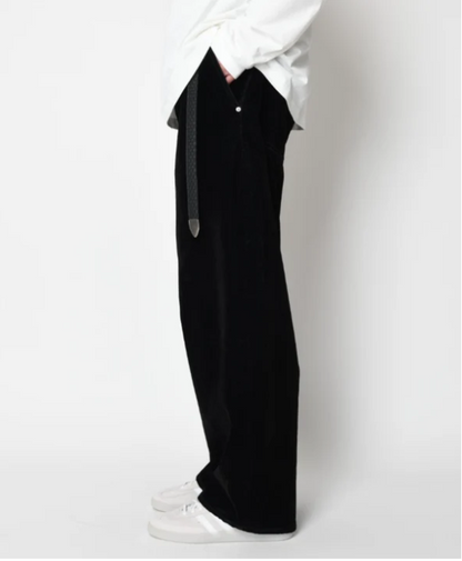 Black flocky denim barrel leg trousers