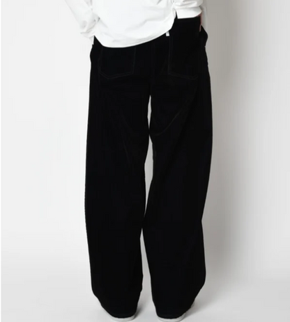 Black flocky denim barrel leg trousers