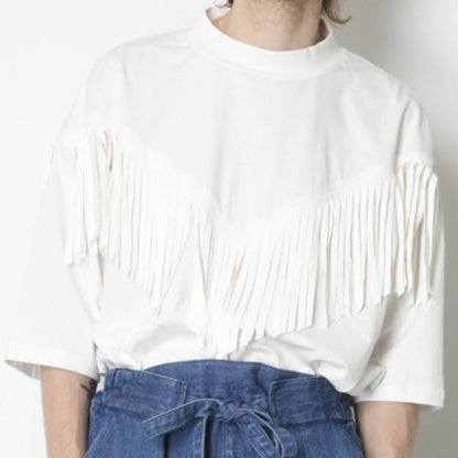 SUPERTHANKS SUEDE FRINGE MOCK NECK T-SHIRT［60%OFF］